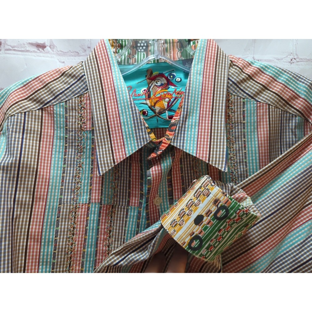 Robert Graham orange green striped Long Sleeve Button Shirt flip cuffs Large L